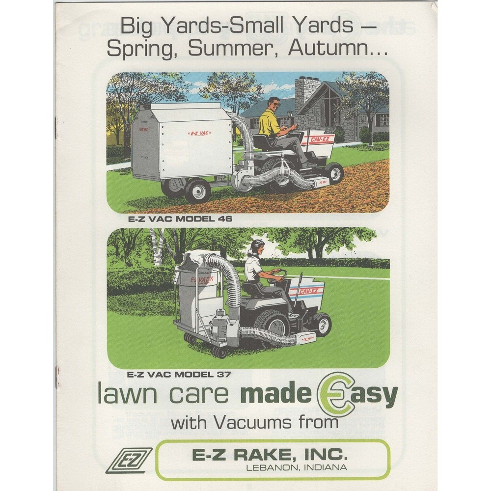 Vtg 1988 E-Z Rake Inc Lawn Care Vacuum Sales Brochure Model 37 45 46 Brochure